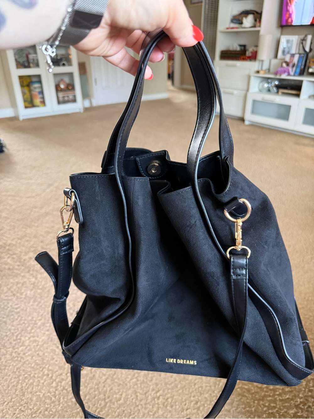 LIKE DREAMS Black Suede Shoulder Bag with Gold Accents